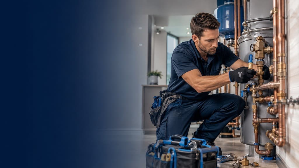 Professional plumber working on residential water heater and copper pipes