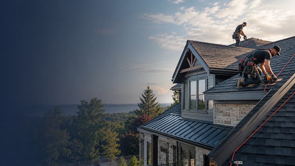 Professional roofing crew working on a premium residential roof